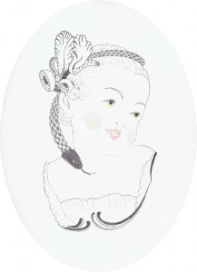 Eva - mit Engelszungen, Blei-/Buntstift und Lack auf Holz, 18 x 13 cm, 2012
