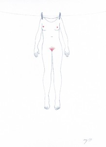 Wäscheleine, empfindsame Kleidung, Blei-/Buntstift auf Papier, 21 x 29 cm, 2011